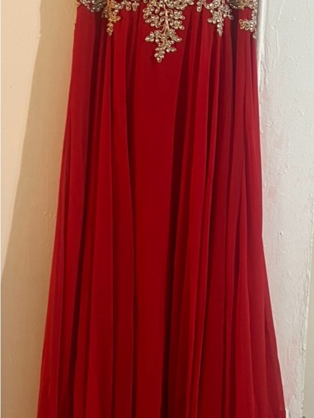 Red Maxi Skirt with Ornate Gold-Accent Waist